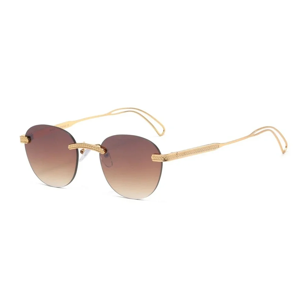 Men Gold Rimless Round Sunglasses Brown Lens Vintage‎ Metal Frame UV400 Hip Hop